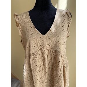 Knox Rose Shift Dress Size S Short Cap Sleeves V-Neck Tan Lined Eyelet